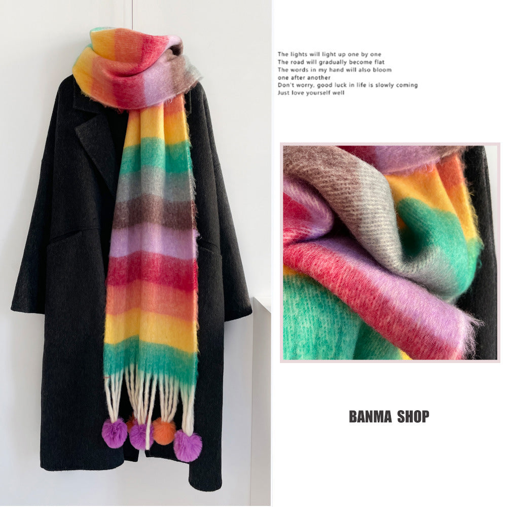 Rainbow Stripe Scarf with Pom-Poms – Soft Mohair Blend, Thickened Winter Shawl, Cozy Warm Neck Wrap for Students & Women