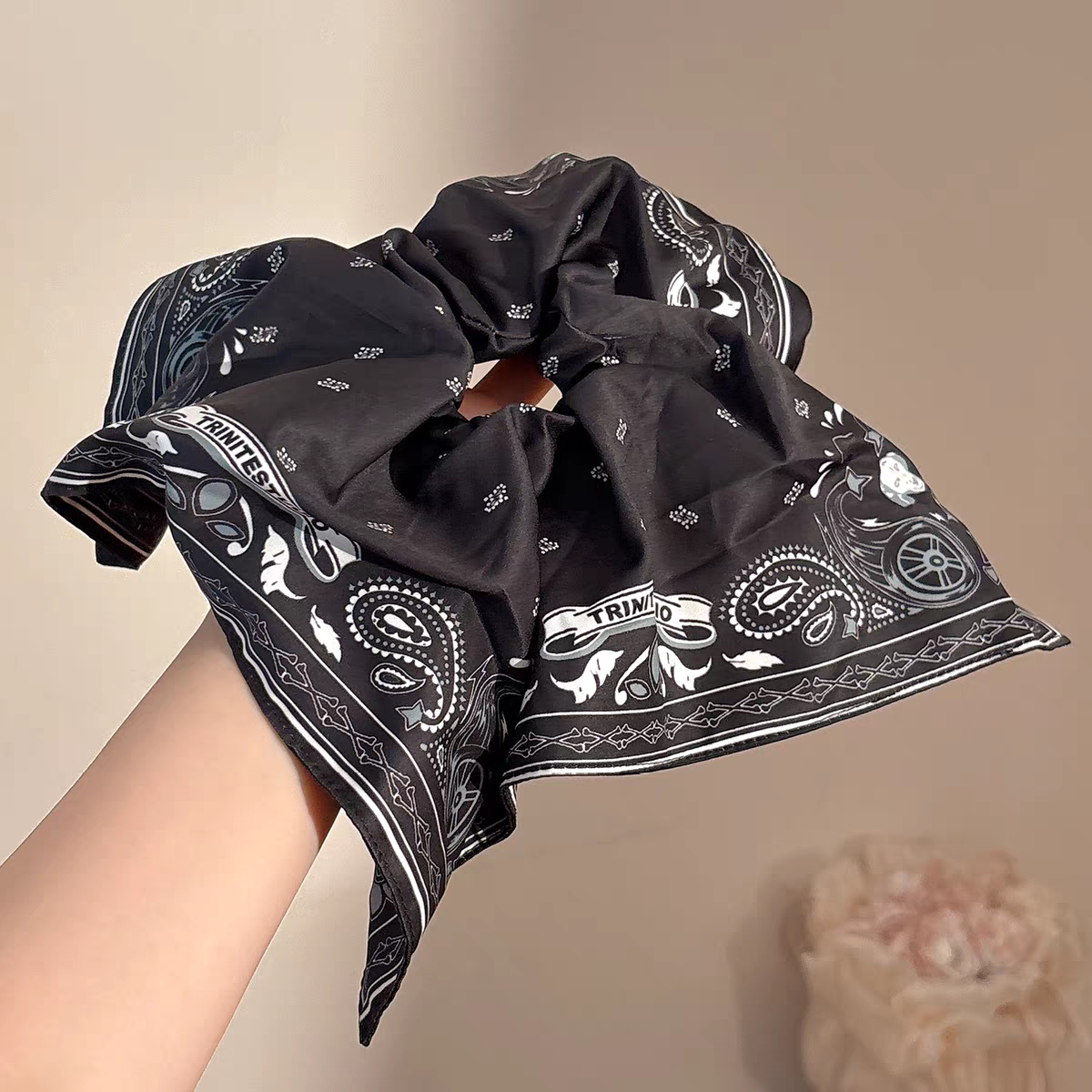 Vintage Scarf Scrunchie – New Silk Ribbon Ponytail Holder, Retro Square Hair Tie, Fashion Hair Accessory for Women