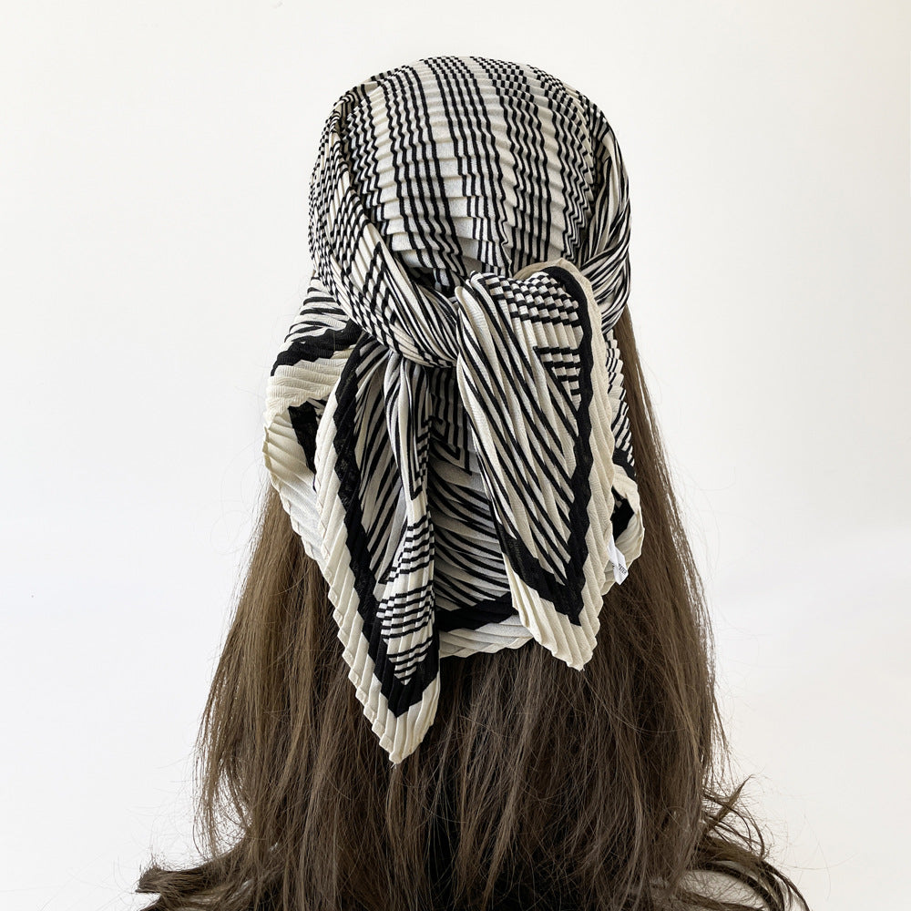 Herringbone Pleated 70cm Square Scarf | Lightweight Fashion Neck Wrap | Chic Striped Crinkle Shawl with Cashmere Feel