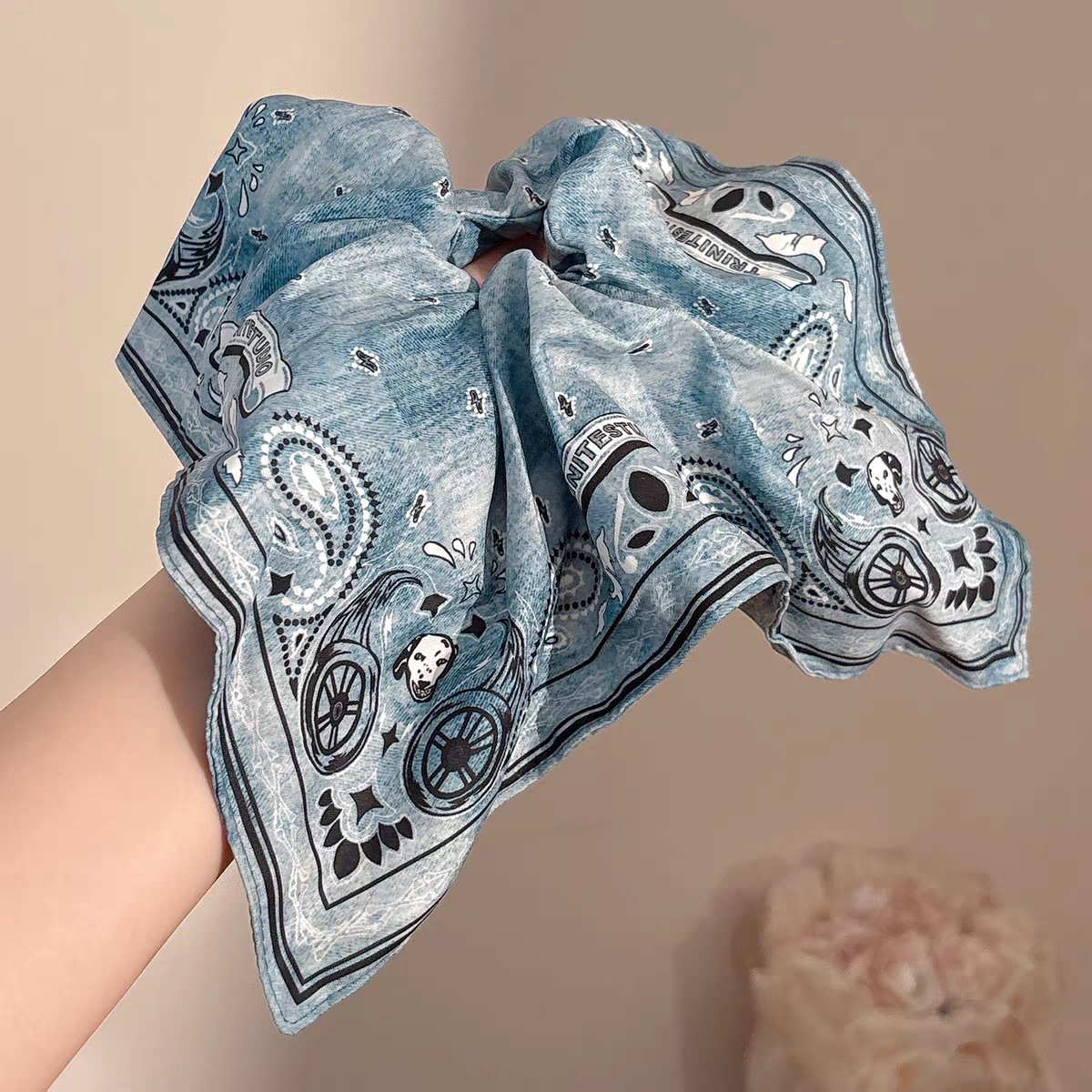 Vintage Scarf Scrunchie – New Silk Ribbon Ponytail Holder, Retro Square Hair Tie, Fashion Hair Accessory for Women