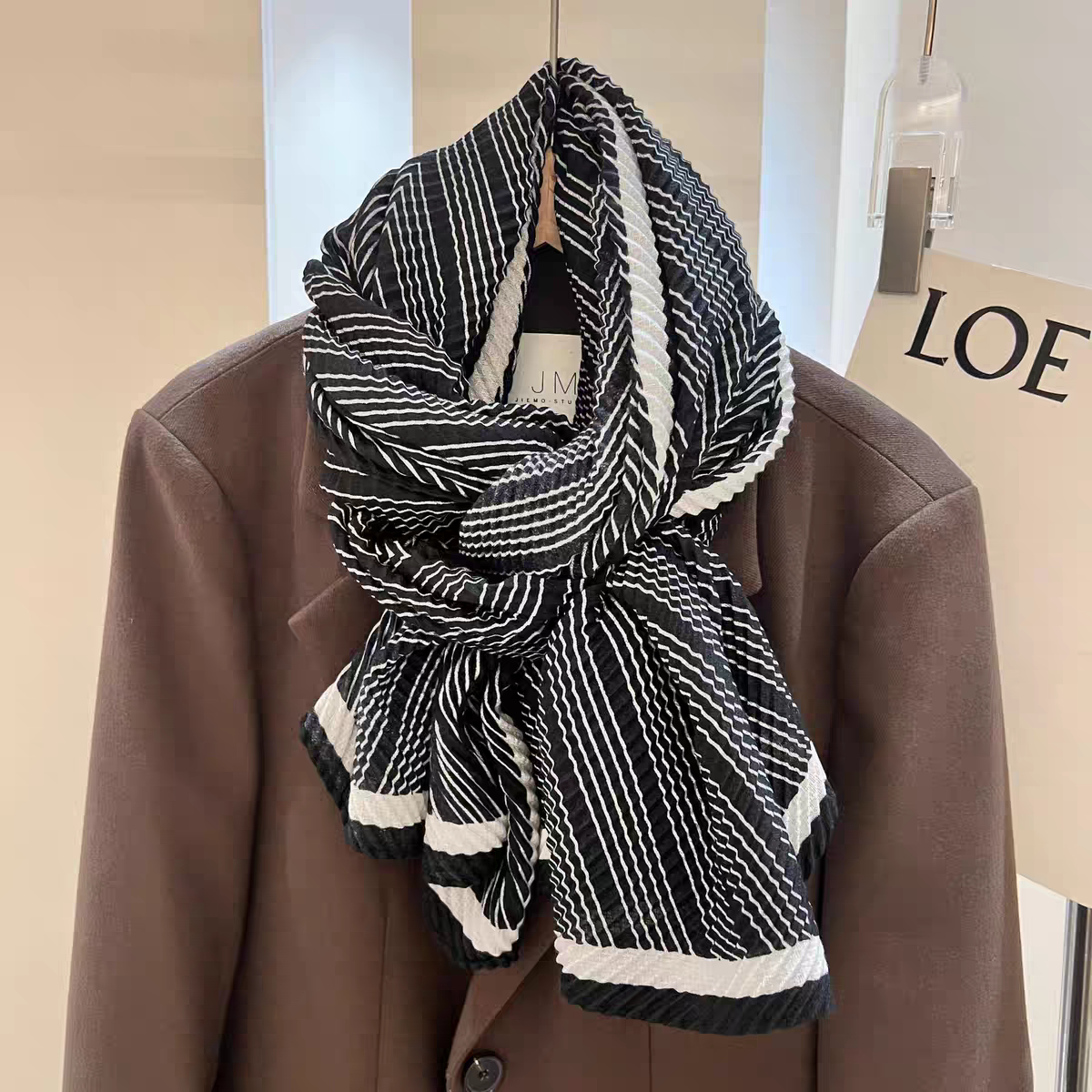 Herringbone Pleated 70cm Square Scarf | Lightweight Fashion Neck Wrap | Chic Striped Crinkle Shawl with Cashmere Feel