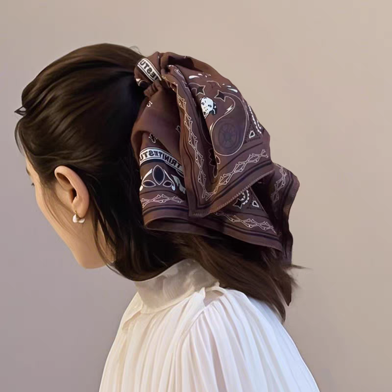 Vintage Scarf Scrunchie – New Silk Ribbon Ponytail Holder, Retro Square Hair Tie, Fashion Hair Accessory for Women