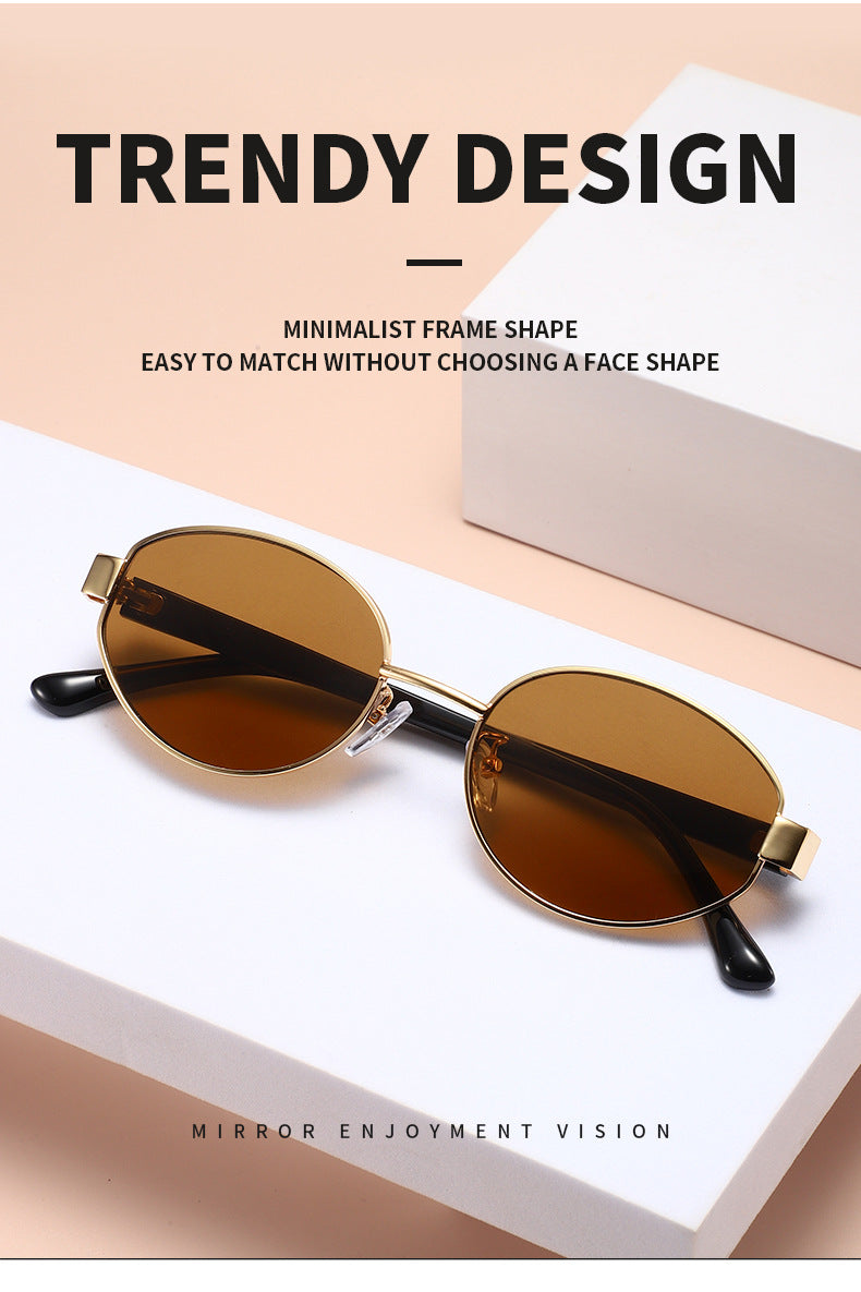 Vintage Oval Brown Sunglasses – High-End Metal Frame Retro Chic UV400 Eyewear for Women & Men