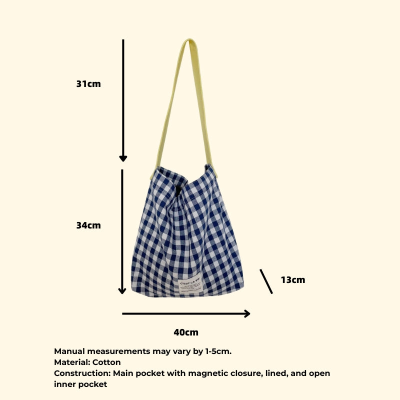 Large Checkered Canvas Tote | Iron-on Friendly DIY Bag | Minimalist Shoulder Shopper