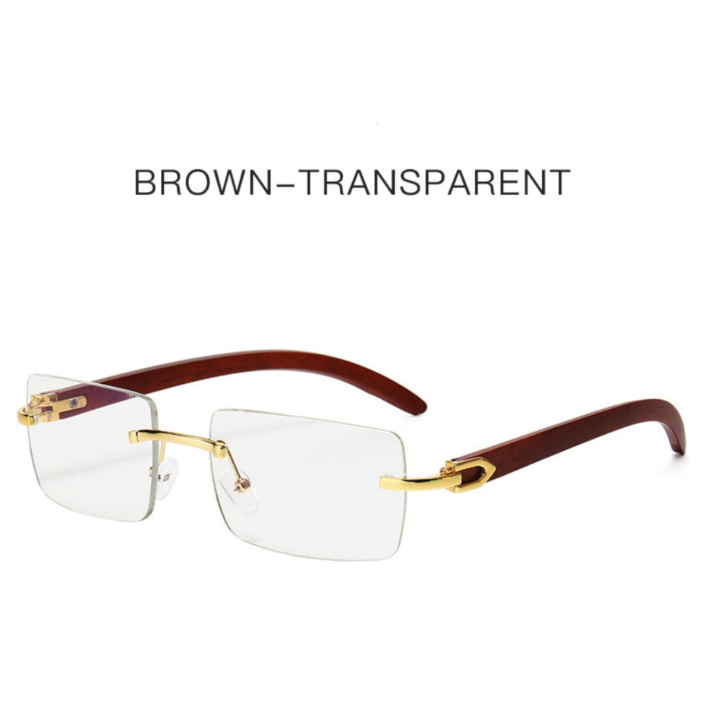 Men’s Rimless Square Sunglasses – Fashion Diamond-Cut Ocean Lens Shades with Wood Grain Arms, Retro Trendy UV Protection Eyewear