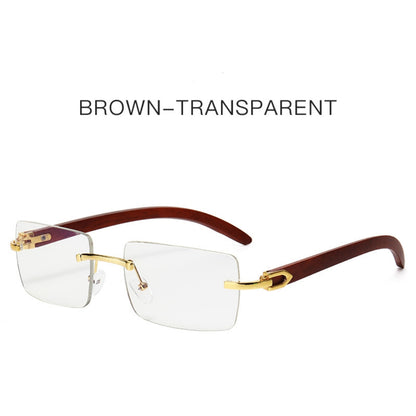 Men’s Rimless Square Sunglasses – Fashion Diamond-Cut Ocean Lens Shades with Wood Grain Arms, Retro Trendy UV Protection Eyewear