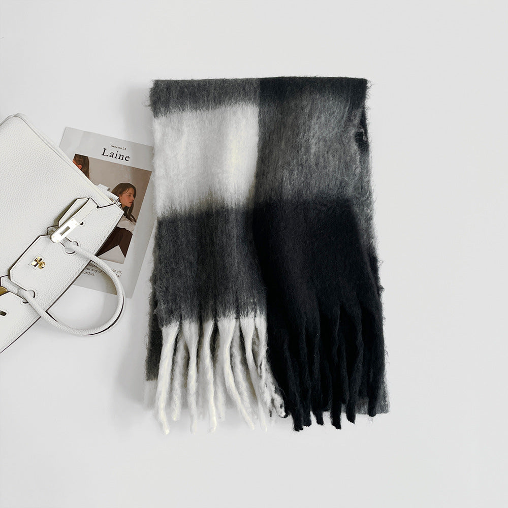 Thick Mohair Plaid Scarf | Colorful Contrast Checkered Shawl | Winter Warm Oversized Wrap with Soft Brushed Finish