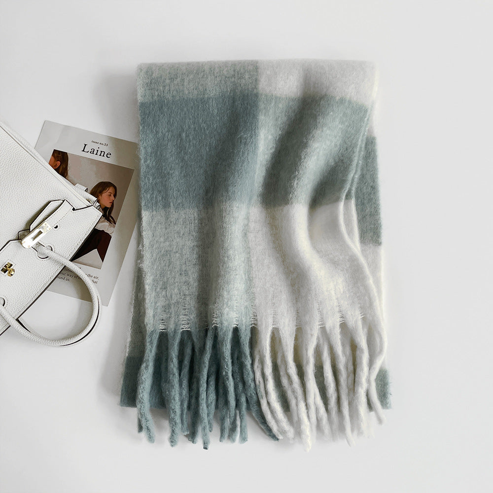 Thick Mohair Plaid Scarf | Colorful Contrast Checkered Shawl | Winter Warm Oversized Wrap with Soft Brushed Finish