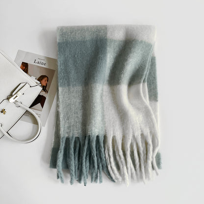 Thick Mohair Plaid Scarf | Colorful Contrast Checkered Shawl | Winter Warm Oversized Wrap with Soft Brushed Finish