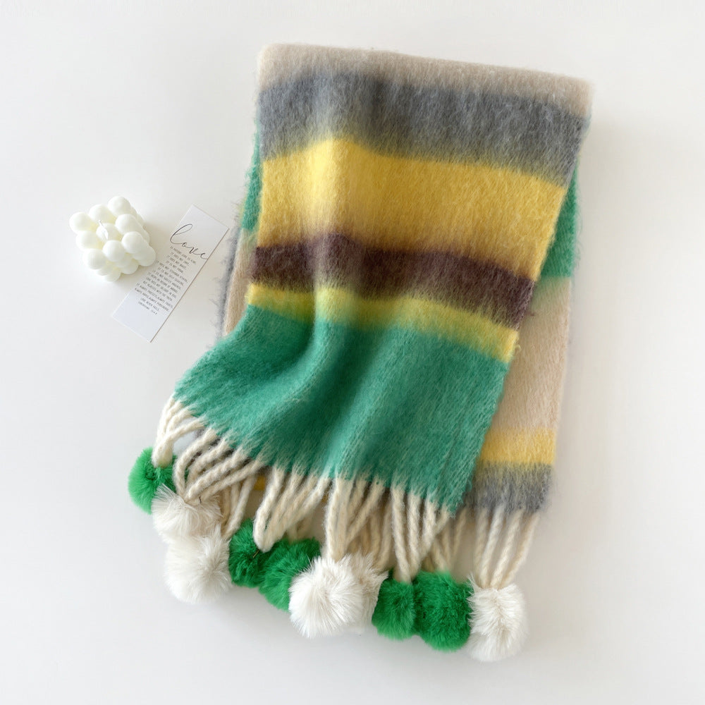 Rainbow Stripe Scarf with Pom-Poms – Soft Mohair Blend, Thickened Winter Shawl, Cozy Warm Neck Wrap for Students & Women
