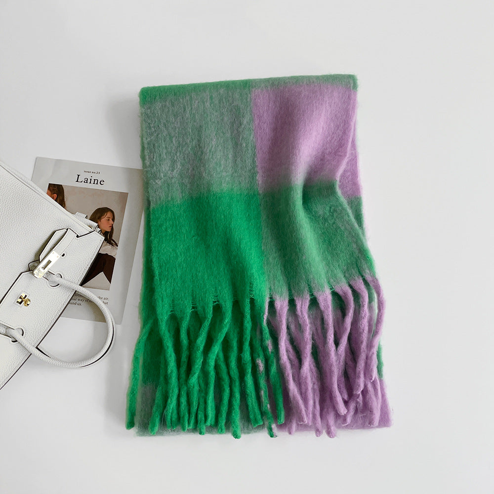 Thick Mohair Plaid Scarf | Colorful Contrast Checkered Shawl | Winter Warm Oversized Wrap with Soft Brushed Finish