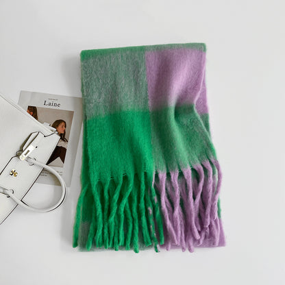 Thick Mohair Plaid Scarf | Colorful Contrast Checkered Shawl | Winter Warm Oversized Wrap with Soft Brushed Finish