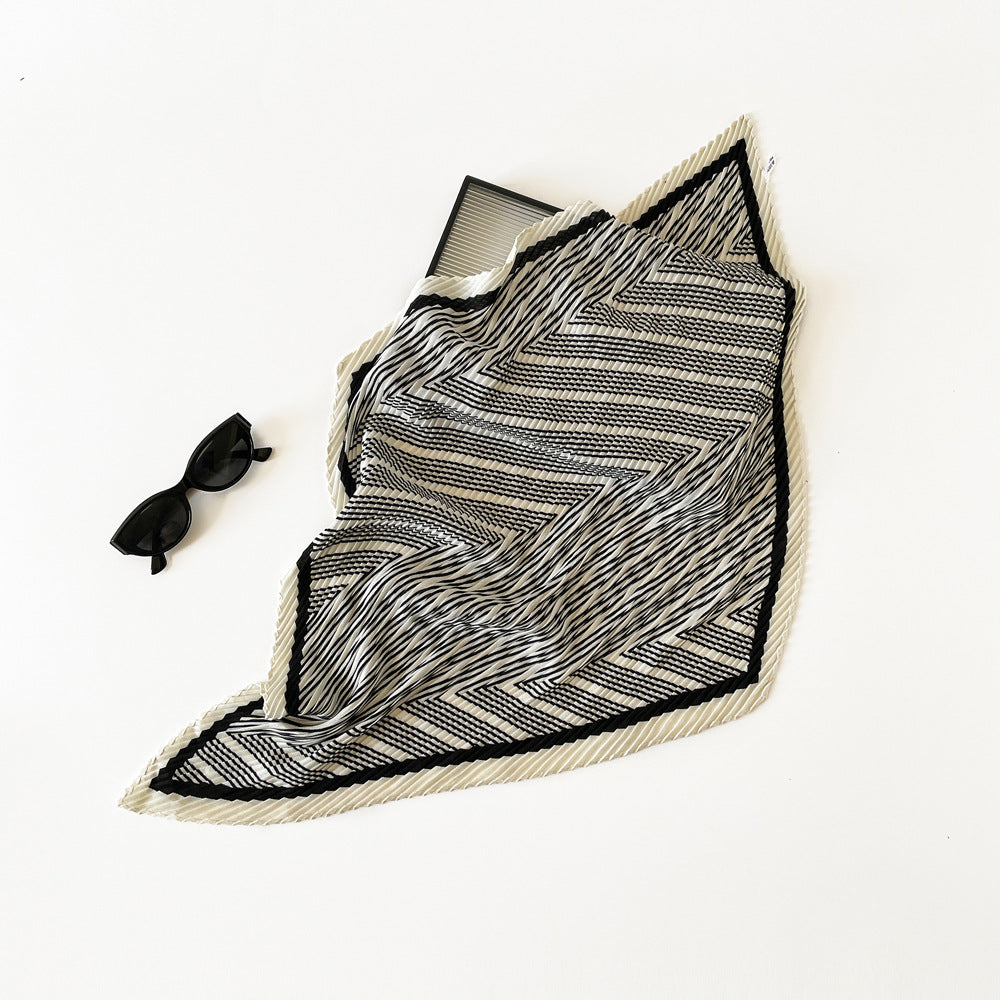 Herringbone Pleated 70cm Square Scarf | Lightweight Fashion Neck Wrap | Chic Striped Crinkle Shawl with Cashmere Feel