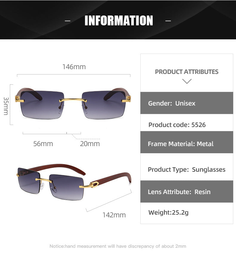Men’s Rimless Square Sunglasses – Fashion Diamond-Cut Ocean Lens Shades with Wood Grain Arms, Retro Trendy UV Protection Eyewear