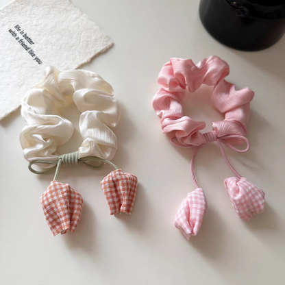 Tulip Scrunchie Hair Tie for Women | Celebrity Blogger Style Ponytail Holder | Elegant Floral Elastic Hair Accessory for Low Bun & Daily Hairstyles