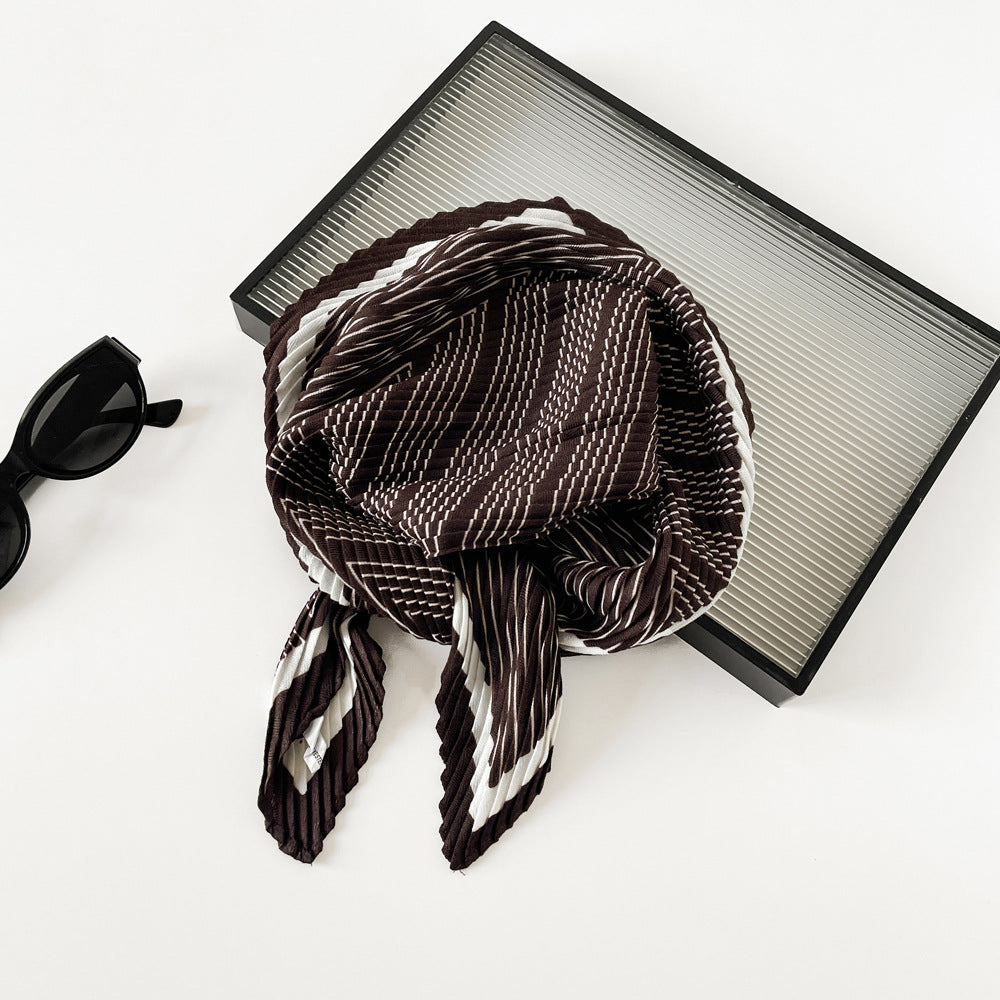 Herringbone Pleated 70cm Square Scarf | Lightweight Fashion Neck Wrap | Chic Striped Crinkle Shawl with Cashmere Feel