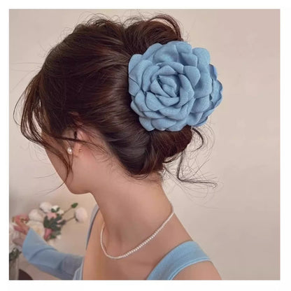 Blue Rose Flower Hair Claw Clip for Women – Floral Shark Clip, Large Hair Accessory for Vacation, Daily Wear, and Elegant Hairstyles