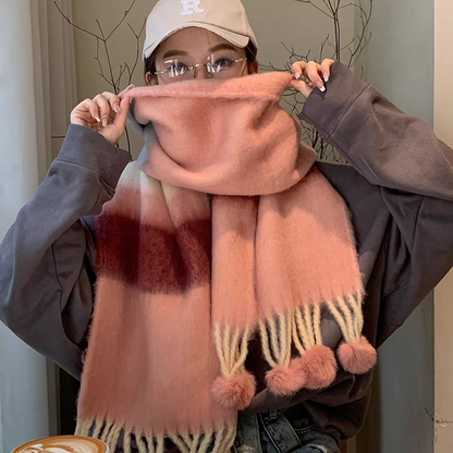 Rainbow Stripe Scarf with Pom-Poms – Soft Mohair Blend, Thickened Winter Shawl, Cozy Warm Neck Wrap for Students & Women