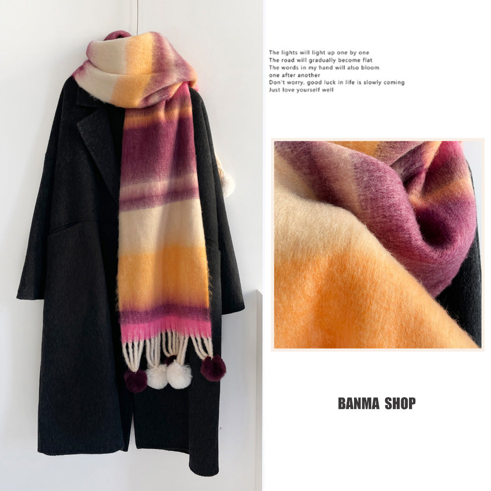 Rainbow Stripe Scarf with Pom-Poms – Soft Mohair Blend, Thickened Winter Shawl, Cozy Warm Neck Wrap for Students & Women