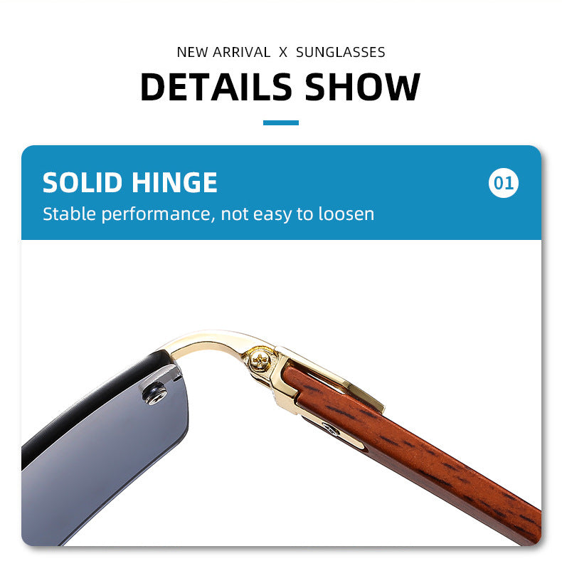 Men’s Rimless Square Sunglasses – Fashion Diamond-Cut Ocean Lens Shades with Wood Grain Arms, Retro Trendy UV Protection Eyewear
