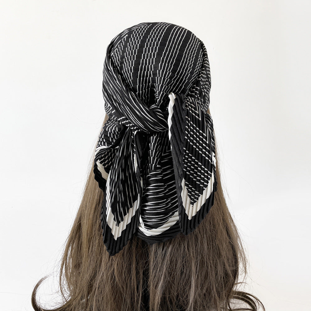 Herringbone Pleated 70cm Square Scarf | Lightweight Fashion Neck Wrap | Chic Striped Crinkle Shawl with Cashmere Feel