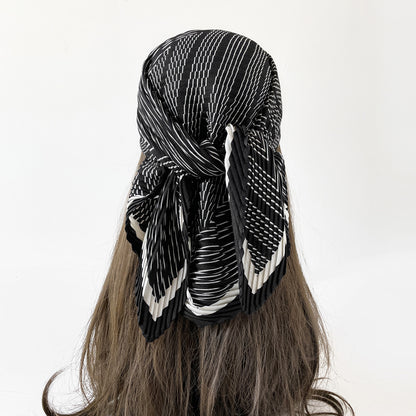 Herringbone Pleated 70cm Square Scarf | Lightweight Fashion Neck Wrap | Chic Striped Crinkle Shawl with Cashmere Feel