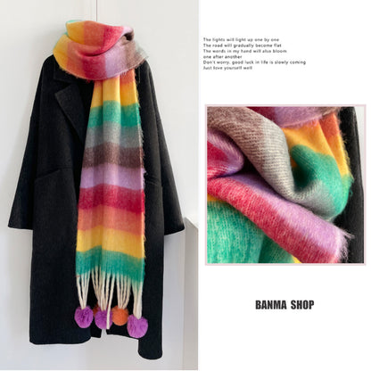 Rainbow Stripe Scarf with Pom-Poms – Soft Mohair Blend, Thickened Winter Shawl, Cozy Warm Neck Wrap for Students & Women