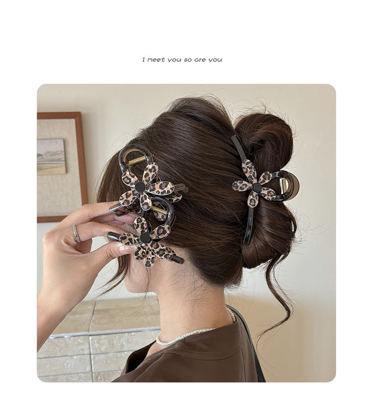 Leopard Flower Hair Claw Clip – Acrylic Medium & Large Jaw Clips for Women, Stylish Banana Claw for Thick or Fine Hair, Retro Chic Hair Accessory