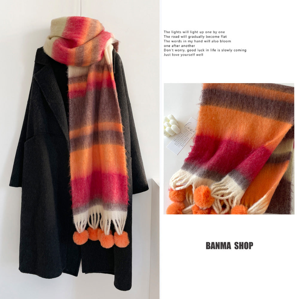 Rainbow Stripe Scarf with Pom-Poms – Soft Mohair Blend, Thickened Winter Shawl, Cozy Warm Neck Wrap for Students & Women