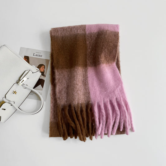 Thick Mohair Plaid Scarf | Colorful Contrast Checkered Shawl | Winter Warm Oversized Wrap with Soft Brushed Finish