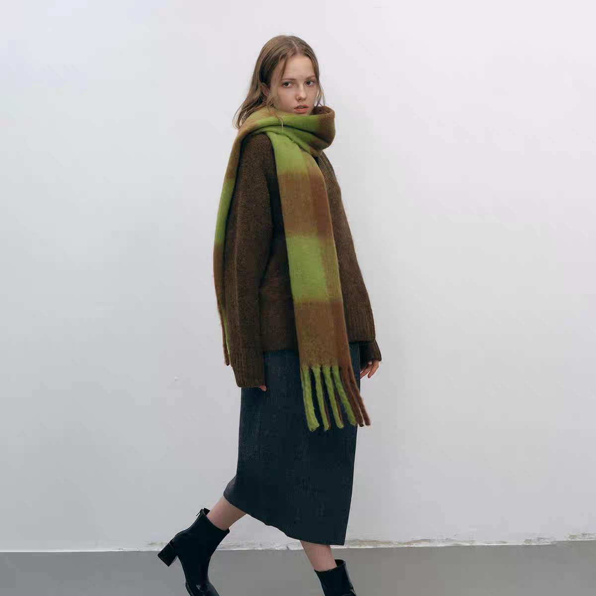 Thick Mohair Plaid Scarf | Colorful Contrast Checkered Shawl | Winter Warm Oversized Wrap with Soft Brushed Finish