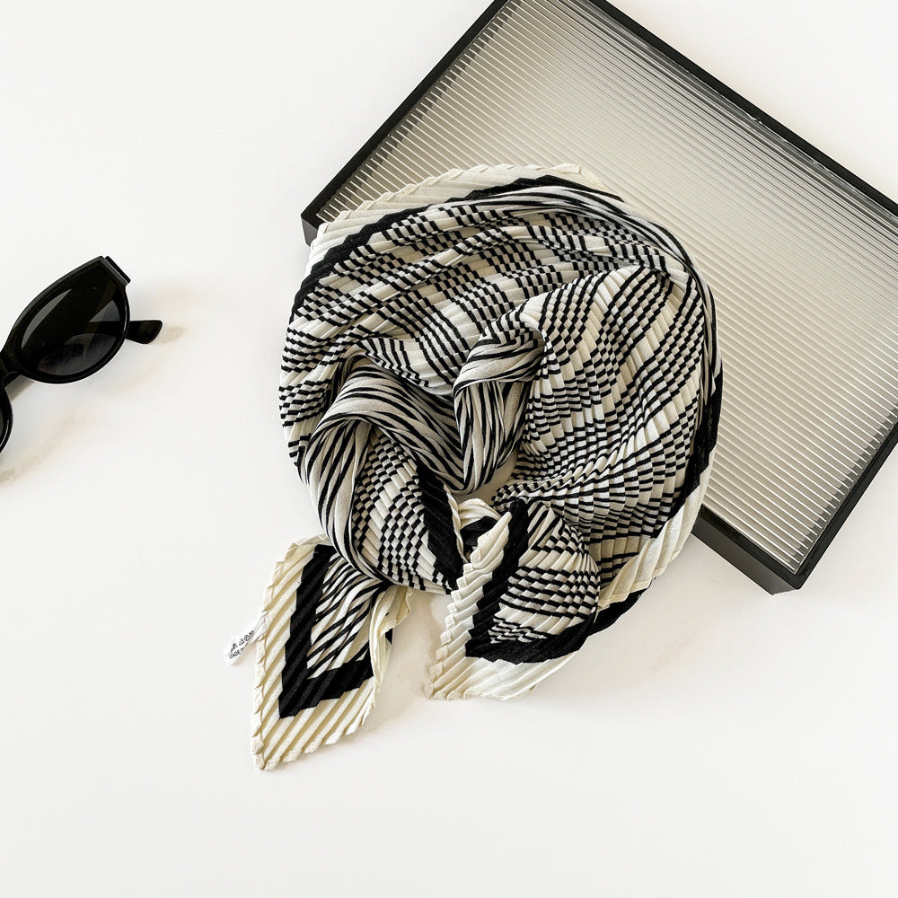 Herringbone Pleated 70cm Square Scarf | Lightweight Fashion Neck Wrap | Chic Striped Crinkle Shawl with Cashmere Feel