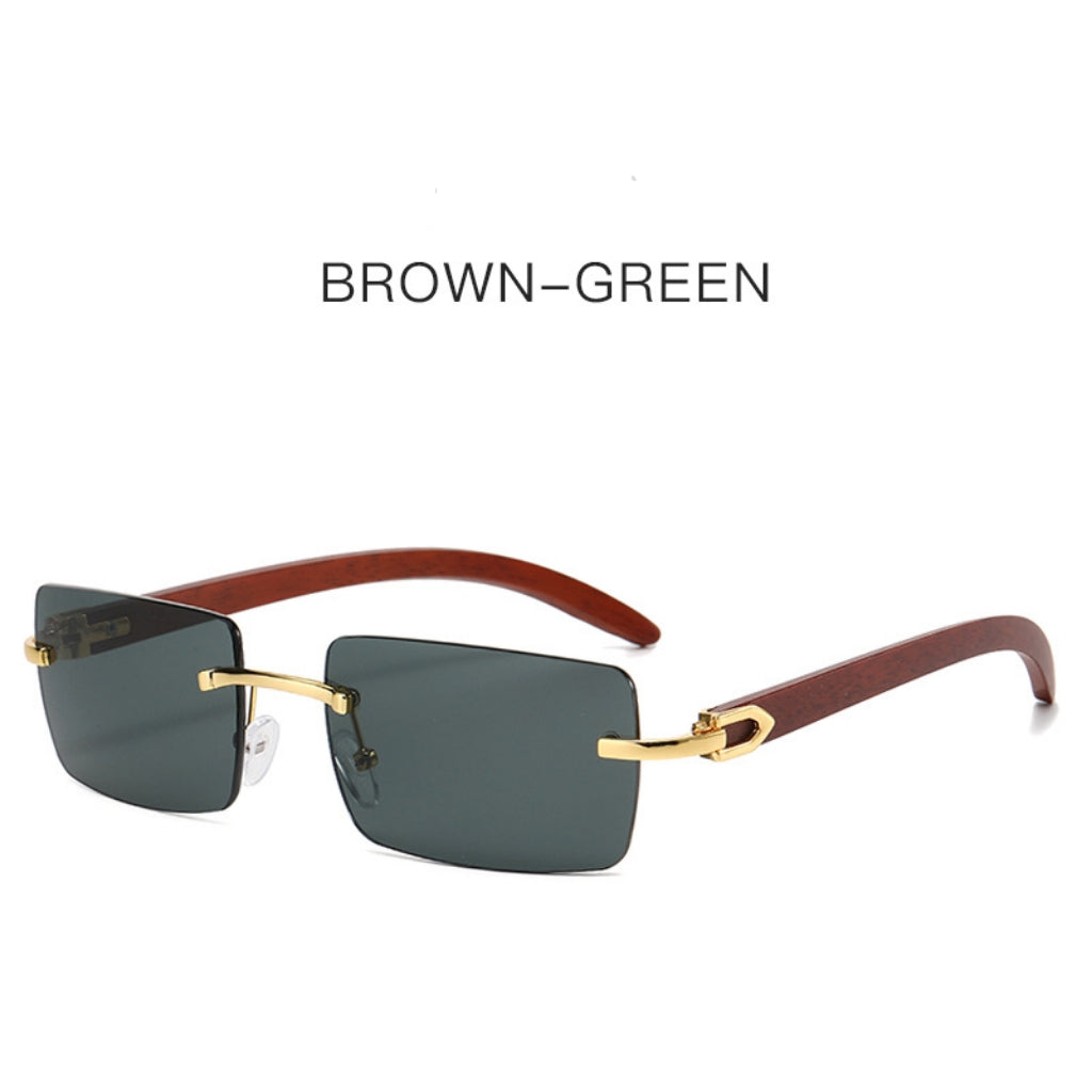 Men’s Rimless Square Sunglasses – Fashion Diamond-Cut Ocean Lens Shades with Wood Grain Arms, Retro Trendy UV Protection Eyewear