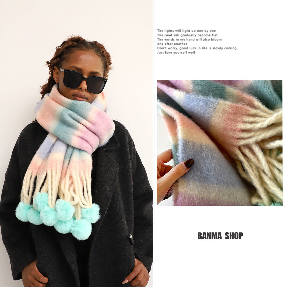 Rainbow Stripe Scarf with Pom-Poms – Soft Mohair Blend, Thickened Winter Shawl, Cozy Warm Neck Wrap for Students & Women