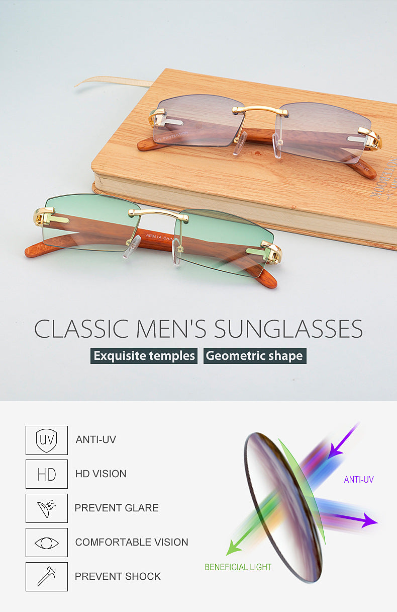 Men’s Rimless Square Sunglasses – Fashion Diamond-Cut Ocean Lens Shades with Wood Grain Arms, Retro Trendy UV Protection Eyewear