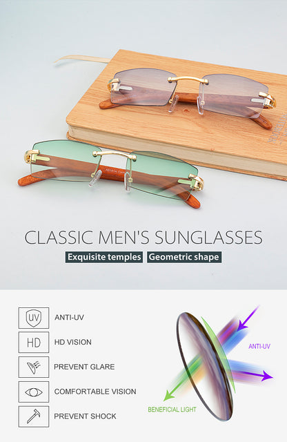Men’s Rimless Square Sunglasses – Fashion Diamond-Cut Ocean Lens Shades with Wood Grain Arms, Retro Trendy UV Protection Eyewear