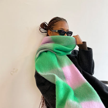Thick Mohair Plaid Scarf | Colorful Contrast Checkered Shawl | Winter Warm Oversized Wrap with Soft Brushed Finish