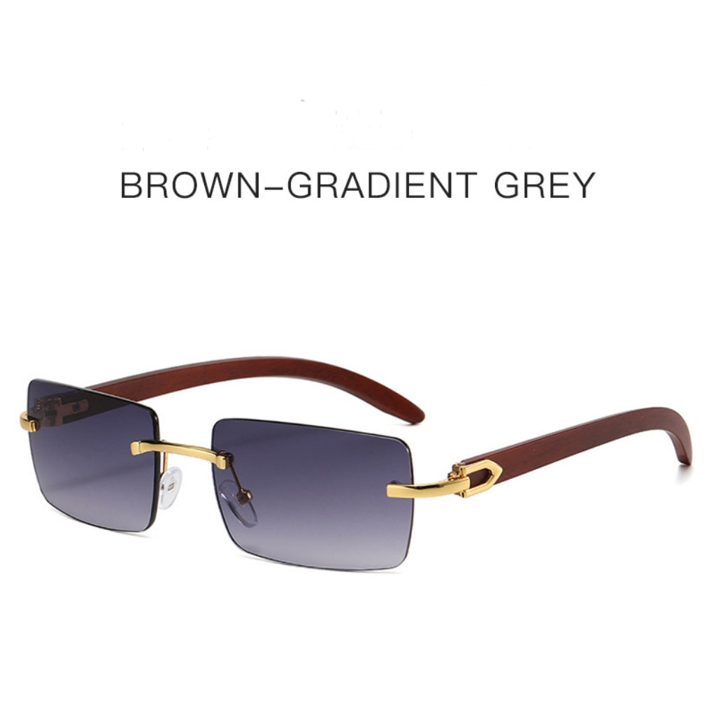Men’s Rimless Square Sunglasses – Fashion Diamond-Cut Ocean Lens Shades with Wood Grain Arms, Retro Trendy UV Protection Eyewear