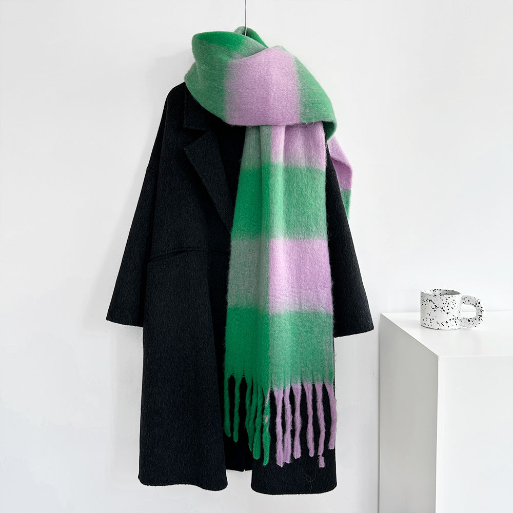 Thick Mohair Plaid Scarf | Colorful Contrast Checkered Shawl | Winter Warm Oversized Wrap with Soft Brushed Finish
