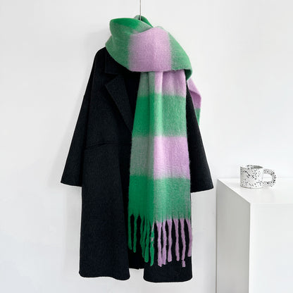 Thick Mohair Plaid Scarf | Colorful Contrast Checkered Shawl | Winter Warm Oversized Wrap with Soft Brushed Finish