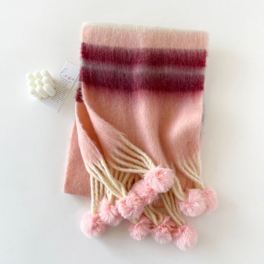 Rainbow Stripe Scarf with Pom-Poms – Soft Mohair Blend, Thickened Winter Shawl, Cozy Warm Neck Wrap for Students & Women