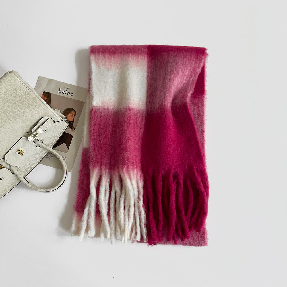 Thick Mohair Plaid Scarf | Colorful Contrast Checkered Shawl | Winter Warm Oversized Wrap with Soft Brushed Finish