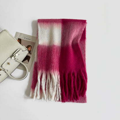 Thick Mohair Plaid Scarf | Colorful Contrast Checkered Shawl | Winter Warm Oversized Wrap with Soft Brushed Finish