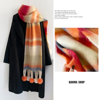 Rainbow Stripe Scarf with Pom-Poms – Soft Mohair Blend, Thickened Winter Shawl, Cozy Warm Neck Wrap for Students & Women