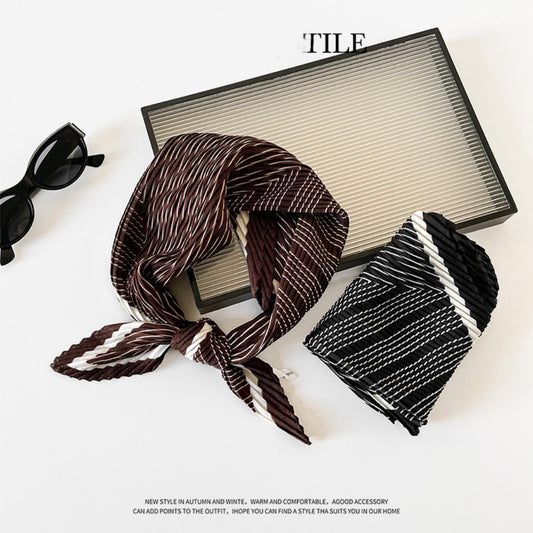 Herringbone Pleated 70cm Square Scarf | Lightweight Fashion Neck Wrap | Chic Striped Crinkle Shawl with Cashmere Feel
