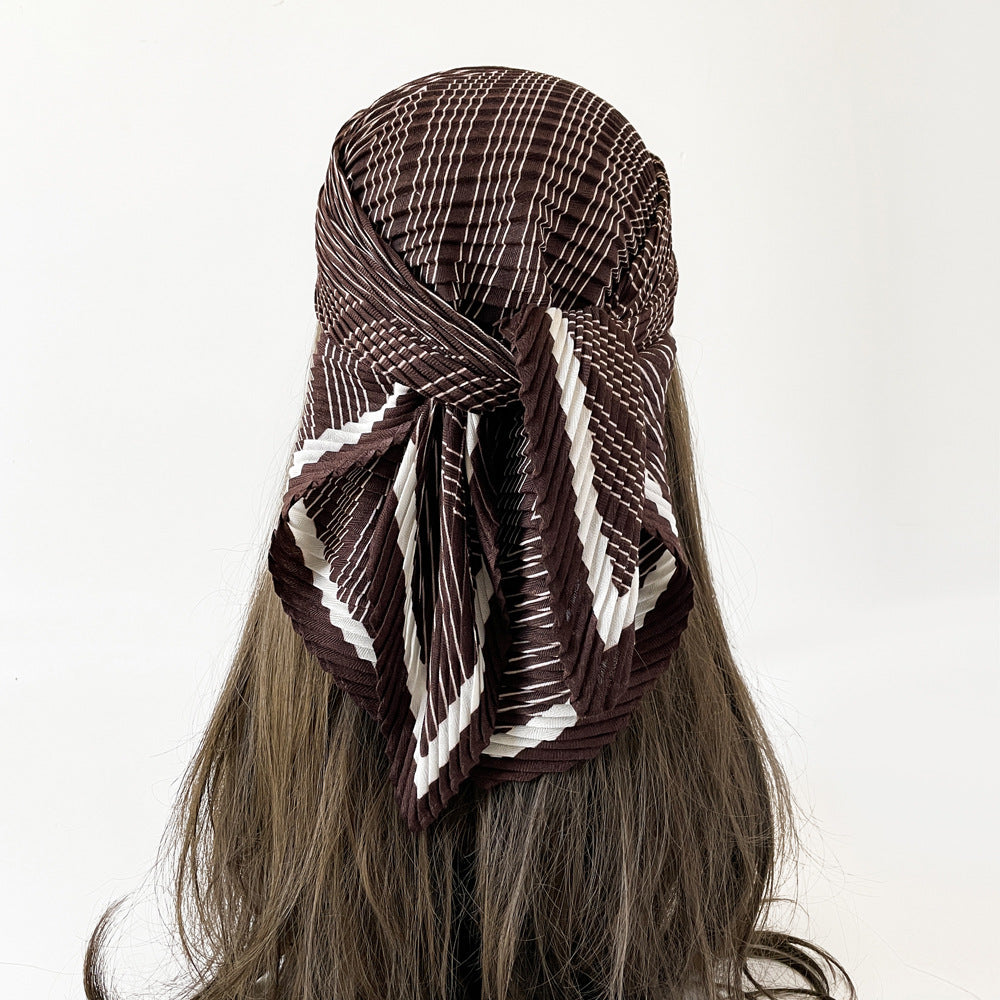 Herringbone Pleated 70cm Square Scarf | Lightweight Fashion Neck Wrap | Chic Striped Crinkle Shawl with Cashmere Feel