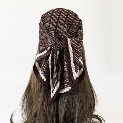 Herringbone Pleated 70cm Square Scarf | Lightweight Fashion Neck Wrap | Chic Striped Crinkle Shawl with Cashmere Feel