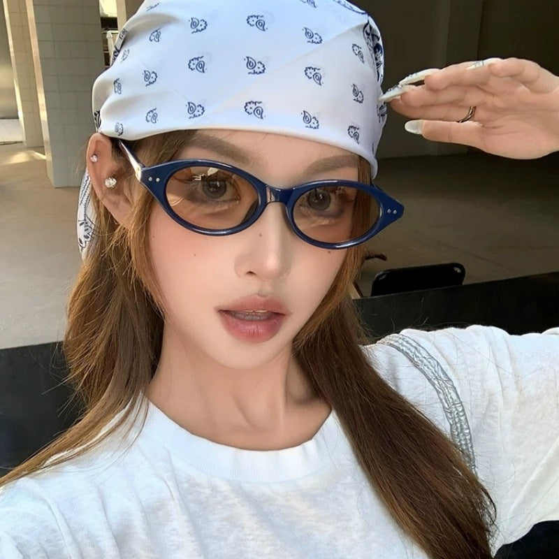 Trendy Oval Small Frame Nerd Sunglasses for Women | Retro Street Style Fashion Shades | UV400 Protection All-Match Sunglasses