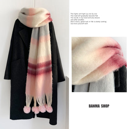 Rainbow Stripe Scarf with Pom-Poms – Soft Mohair Blend, Thickened Winter Shawl, Cozy Warm Neck Wrap for Students & Women
