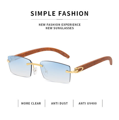 Men’s Rimless Square Sunglasses – Fashion Diamond-Cut Ocean Lens Shades with Wood Grain Arms, Retro Trendy UV Protection Eyewear